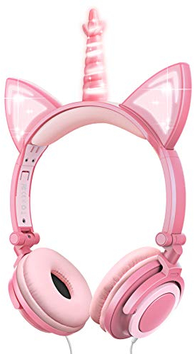 sunvito Cuffie Unicorno Bambina, cuffie gatto orecchie led, Cuffie per Bambini Unicorno con filo, 85dB, Pieghevoli cuffie bambine, Scuola, Compleanno Natale Regalo (Rosse)