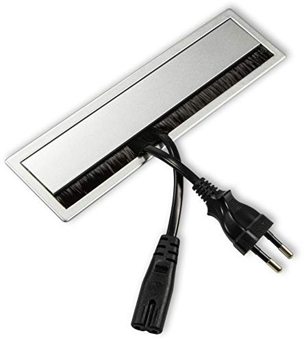 Gedotec Kabeldurchlass Schreibtisch Kabelführung eckig mit Bürstendichtung & Klapp-Deckel - PRO | Kabeldose 180 x 46 mm | Kabeldurchgang Aluminium Silber | 1 Stück - Alu Kabeldose für Tisch & Wand
