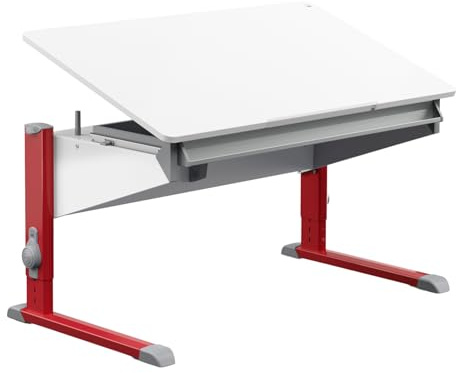 Moll Bandit Kinderschreibtisch höhenverstellbar | mitwachsend, ergonomisch & neigbar für aufrechtes Sitzen | ideal für Schulkinder | Schreibtisch weiß (Standard, Rot, 117,2cm x 70,5cm)