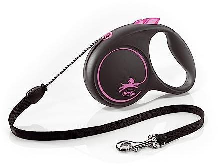flexi® Black Design M | 5 m retractable cord leash for dogs up to 20 kg | Black/pink | Retractable dog lead | Weight: 200 g | Dimensions: 10.6 x 15.1 cm