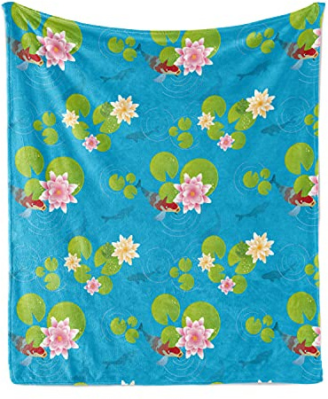 Ambesonne Pond Throw Blanket, Pattern of Koi Fishes and Frogs Swimming with Water Lilies and Lotus Flowers, Flannel Fleece Accent Piece Soft Couch Cover for Adults, 50 x 60, Sky Blue Multicolor
