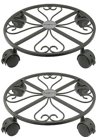 FAMIJOY 2 Stück Metall Pflanzbehälter, 30cm Pflanzenständer, runde Pflanzenroller mit 4 360° feststellbaren Lenkrollen, Pflanzenroller für robuste Blumentöpfe