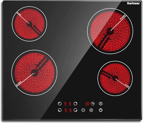 Karinear Ceramic Hob, 60cm Built-in 4 Zones Ceramic Hob with Safe Lock, Timer, Touch Control 6000W, Hard Wired, No Plug Included