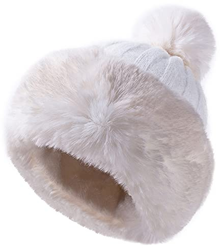 JFAN Gorro de Invierno para Mujer Gorra Ruso con Forro Pompom Sombrero para Polar, Gris Blanco Talla única