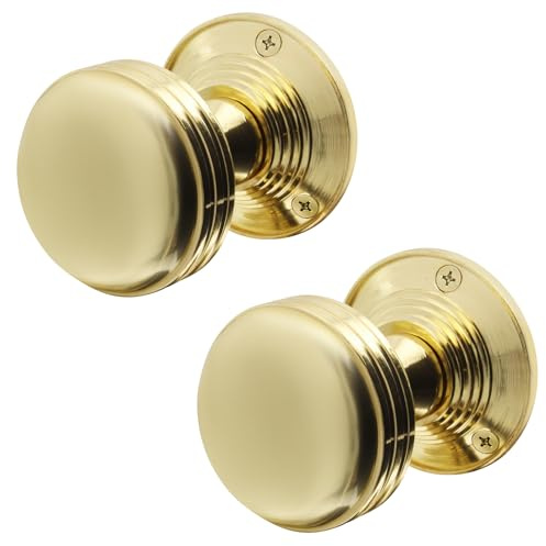 EAI Polished Brass Door Knobs, 1 Pair - Lined | 1 Pair of Lined Mortice 55mm Door Knobs for Internal Doors, Fixings Included