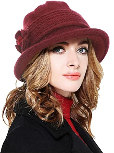 CheChury Damen Wollmütze Winter Warme Strickmütze Beaniemütze Retro Fedorahüte Glockehut Kaschmir Bowler Hut Mit Schirm Melone Hut, Weinrot