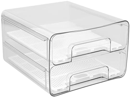Muross Fridge Drawers with Lids Stackable Pull Out Fridge Storage Containers Double Layer Clear Plastic Refrigerator Organizer Bins with Drain Tray for Kitchen Refrigerator Cabinets