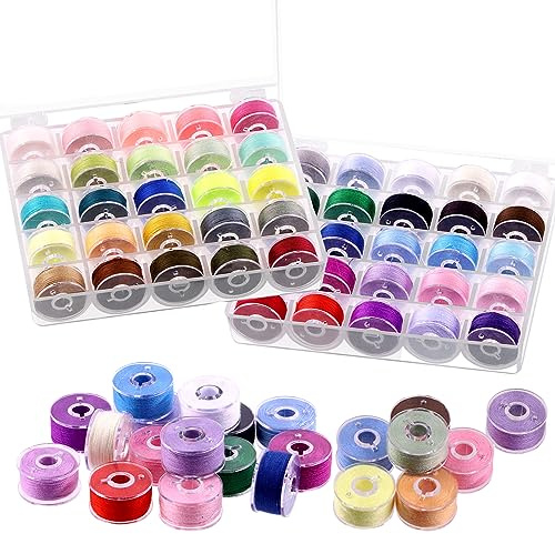 Swpeet 50Pcs 50 Colors Polyester Prewound Bobbins Sewing Set with Bobbin Box, Sewing Thread Bobbins, Pre-Wound Bobbins Compatible with Brother/Babylock/Janome/Elna/Singer Embroidery Machine, Size A