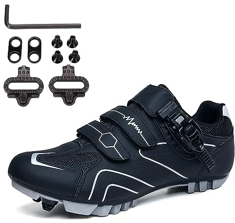 PENXZT Chaussures de Cyclisme pour VTT Hommes, Chaussures de Vélo de Montagne, Compatibles avec des Crampons SPD à 2 Boules, A, 42 EU