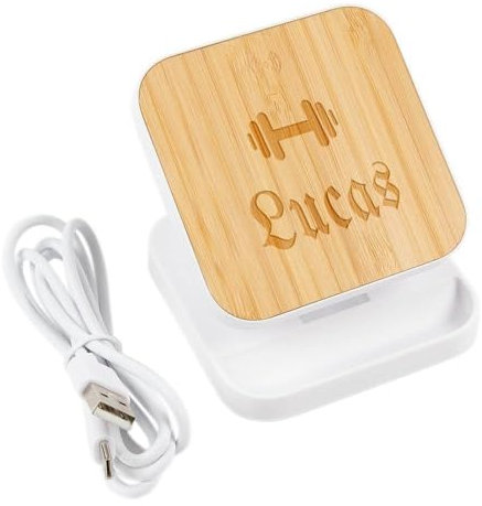 Ladegerät und Faltbare Smartphone-Halterung personalisierte graviert - High-Tech-Accessoire Bambus und Kunststoff mit Textgravur