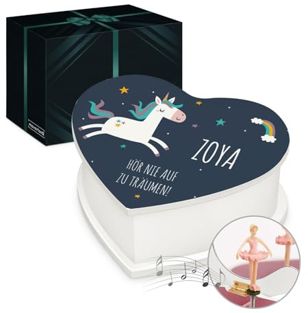 Maverton personalisierte Musikschmuckdose in Herzform mit Aufzieh-Spieluhr - Schmuckkästchen Ballerina Spieldose - Herz Schmuckkiste für Mädchen zur Taufe Erstkommunion - zu Weihnachten - Einhorn
