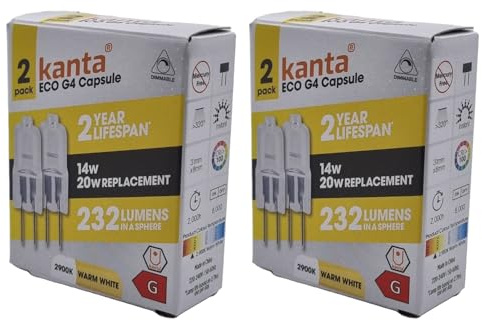kanta 4 x G4 20W 12V Halogen Capsule Light Bulbs, Dimmable Lamps, 232 Lumens, 2 Years Life, Clear Finish