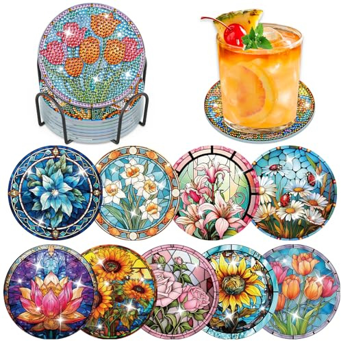 9 Stück farbiges Glas Blumen-Diamant-Untersetzer mit Halter, Diamant-Kunstuntersetzer für erwachsene Kinder Anfänger, Do-it-yourself-lustige Getränkeuntersetzer mit Kork, Bastelsets und Geschenke für