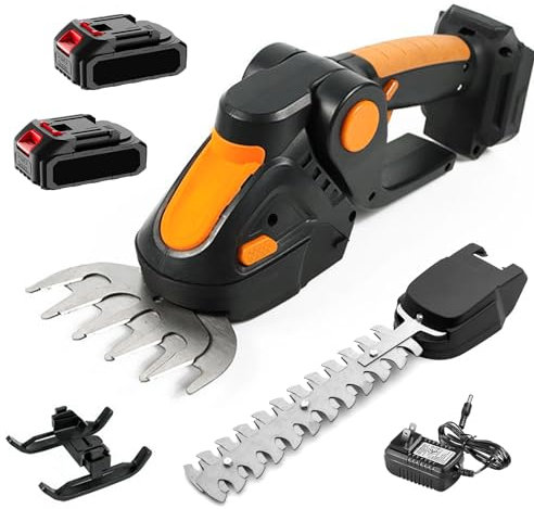 Cordless Hedge Trimmer, 2 in 1 Electric Shrub Trimmer with 2 Rechargeable Batteries 21V, Handheld Handheld Grass Cutter/Shrubbery Trimmer with 2 Switchable Blades for Shrub, Garden, Grass and Pruning