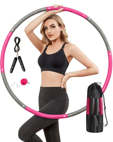 Phobby Weighted Exercise Hoop for Adults, 2.2lb Detachable Fitness Hoop, Adjustable Hoops with Jump Rope, Tape Measure and Carry Bag, Home Gym Workout (Pink Grey)