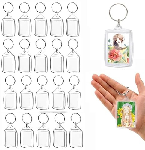 FonVan 20 Pcs Porte-Clés Photo, 4 x 6,1 cm, Porte-clés photo vierge, pour Famille, Des couples, DIY Souvenir, Acrylique, Transparent, Double Face cadre photo, Porte-Clés avec Cadre Photo pour Clés