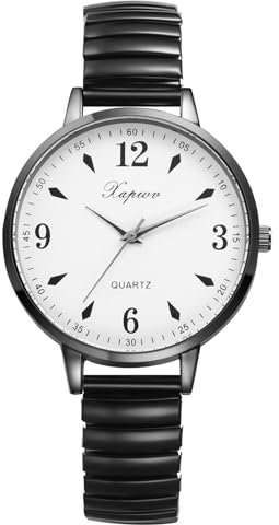JewelryWe Relojes Correa Elástica Mujer: Reloj de Pulsera de Cuarzo Analógico Redondo para Señora Esfera Grande Correa de Acero Inoxidable Extensible Negro - para Ocio Negocios Regalos