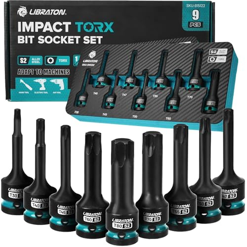 LIBRATON Schlag Torx Bit Steckschlüssel Set 9tlg, 1/2” Kraft, S2-Stahl | T30-T80, Schlag-Stern-Bit-Steckschlüsselsatz, Torx-Steckschlüssel, Bits-Steckschlüsselsatz, XPE-Aufbewahrung, Autoreparatur