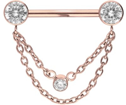PIERCINGLINE Titan Barbell mit Push Fit 2 KETTEN + KRISTALLDISCS Brustwarzenpiercing Nippelpiercing Farb & Größenauswahl