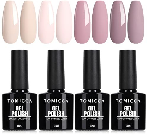 TOMICCA - Set di 4 smalti da polimerizzare in lampada UV/LED per nail art fai da te, colori nude, rosa, per uso professionale e fai da te, 8 ml