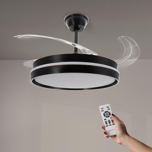 M mimotec -Ventilador de Techo Black Afar Retráctil Negro con Luz LED CCT Ø107 cm, Mando a Distancia, Silencioso, 6 Velocidades, Aspas Plegables, Temporizador y Función Verano/Invierno
