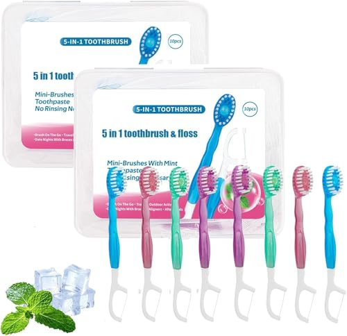Lot de 2 mini brosses à dents jetables 5 en 1 avec fil dentaire, médiator et grattoir de langue, pour voyage et travail