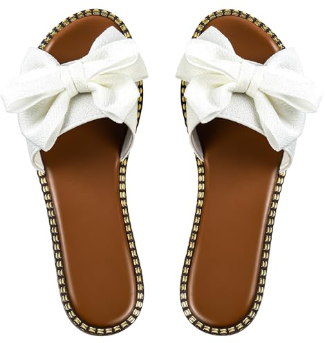 Sksshion Women's Bow Knot Slides Open Toe Flat Sandals Summer Slip On Slippers White 5.5
