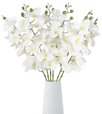 Riyuwal 6pcs White Gladiolus Artificial Flowers 38.2inch Long Stem Gladiolus Flower Fake Silk Orchid for Tall Vase Home Wedding Table Centerpieces Party Decor(White)