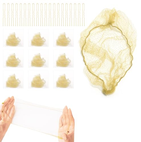 Lnngub 20 Stück Haarnetz mit 20 Stück Haarnadeln Set, Goldene Unsichtbare Haarnetze Elastische Rand Haarnetz Dutt aus Nylon mit U-Förmige Clips für Ballett, Reiten, Sport, Flugbegleiter