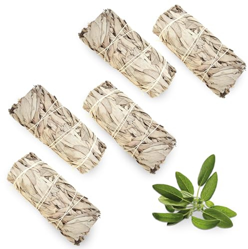 5 Stück Weißer Salbei: Räucherbündel Weisser Salbei Räuchern, 100% natürlich und reinigend, Sage Smudge Stick, White Sage, Getrocknet, für spirituelle und energetische Rituale
