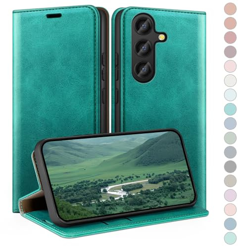 HUOUH for Samsung Galaxy S25 FE Wallet case with RFID Blocking PU Leather,Flip Folio Book covers,Credit Card Holder Shockproof Phone case Women Men for Samsung S25 FE case Blue Green