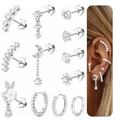 Morfetto 12Pcs 16G Helix Piercings Chirurgenstahl Ohrringe Silber,Hypoallergene Flatback Ohrstecker Set Medizinische Ohrringe für Tragus Daith Conch Rook Knorpel Piercing Ohr Schmuck für Damen