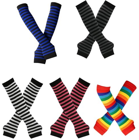 DvBCNMe Damen Lange Fingerlose Handschuhe,6 Paare Armstulpen Frauen,Gestreift Stricken Armwärmer für Mädchen,Langarm Fäustlinge für Herbst Winter