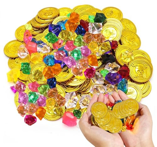 Aevorant 50 Goldmünzen & 100 Edelsteine für Schatzsuche | Piratenschatz-Set aus Eco-Kunststoff & Acryl – Ideal für Kindergeburtstage, Abenteuerpartys und Schatztruhen-Dekor
