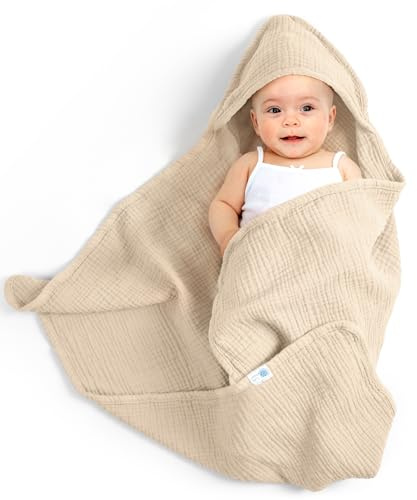 lulumoon Kapuzenhandtuch Baby Musselin Baumwolle: 76x76cm für 0-18 Monate | Oeko-Tex-zertifiziert - Baby Handtuch Kapuze weich und saugfähig hält Babys nach dem Baden warm