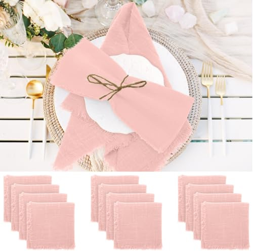 Wapasezyar tygservetter med fransar 12-pack, 42x42 cm linneservetter Tvättbara bordsservetter för jul, restaurang, bröllop, familjefester, födelsedagar, fester (ljusrosa)