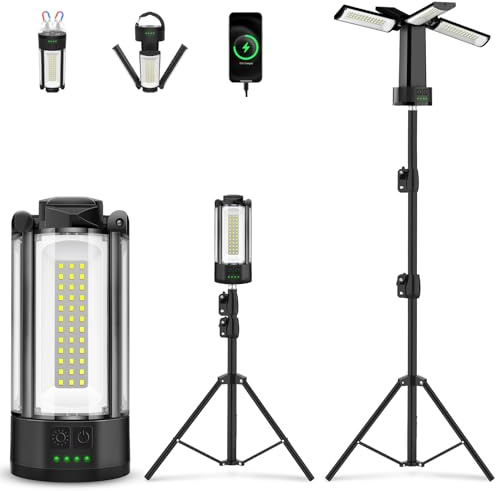 T-SUN Projecteur de Chantier LED Rechargeable avec Trépied, Multiples Modes Lampe de Travail Réglable, 10400 mAh Lampe de Camping à 4 Têtes, Projecteur sur pied Pour Chantier, Garage, Camping(Noir)
