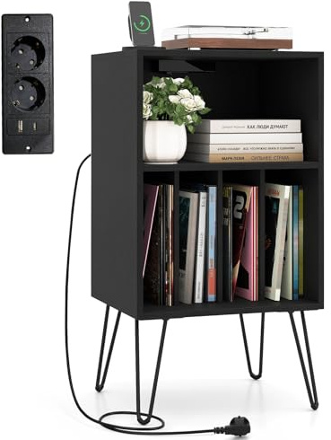 COSTWAY Mesas Auxiliares con Estación de Carga, Mesitas de Noche con 2 Enchufes, 1 Puerto USB y 1 Tipo C, Soporte para Tocadiscos de 3 Niveles, para Salón, Dormitorio, 48x40x88cm (Negro)