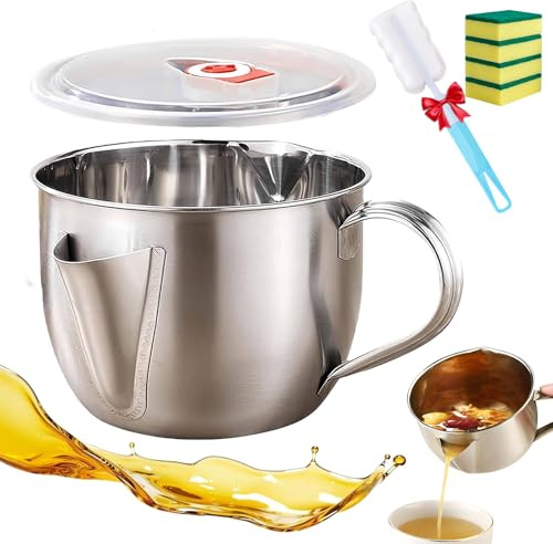 Fat Separator with Dual Spout Design with Lid,Stainless Steel Gravy Separator and Oil Strainer with Cool-Touch Handle,Grease Separator for Broth,Soup,Stew&Cooking for Home Kitchen (with lid)