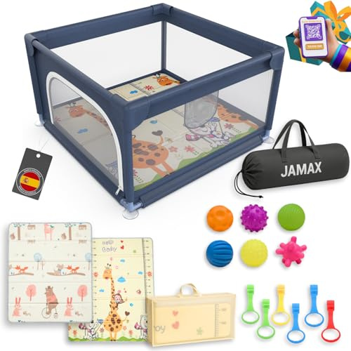 JAMAX Parque Infantil Bebe 120x120 | Corralito bebe | Parque bebe Alfombra Acolchada Reversible 1,5 cm de Grosor + 6 Pelotas Sensoriales +6 Agarraderas + Bolsa transporte (120x120)