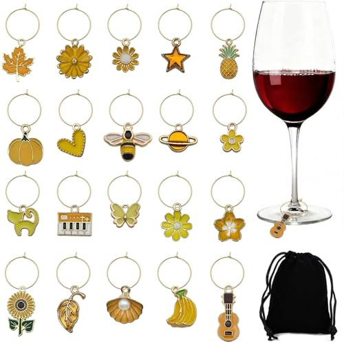 20 Stück Weinglas Anhänger Glasmarkierer Set, Emaille Glasmarker Gelb mit 25mm Ringen in Gold und Samtbeutel, Markierung für Weingläser und Cocktailgläser bei Party und Hochzeit