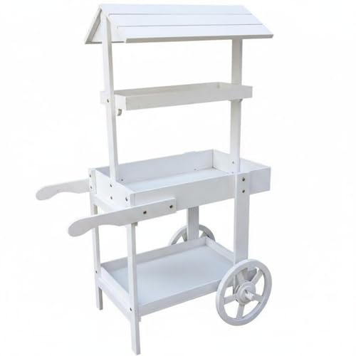 Wsymxuo Carro de Madera de Pino Vintage Carro Expositor Rústico Móvil Carrito Flores con Ruedas para Bar, 62 43 125, Blanco