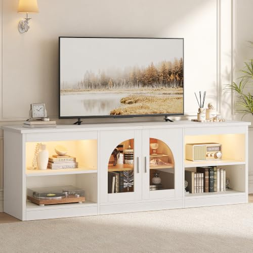 Hizyrina 146cm LED TV Stand Cabinet for Living Room, Large Long TV Unit for 55/60/65 Inch TV, Modern Under Television Furniture with Storage, Adjustable Shelves & Arched Glass Doors, White