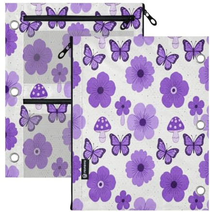 miaozhen Pockets 3 Hole Punched 2 PCS Lilac Flowers Butterflies Mushrooms | With Zipper Reinforced Grommets large zipper pouching clear window for School, Office & Home