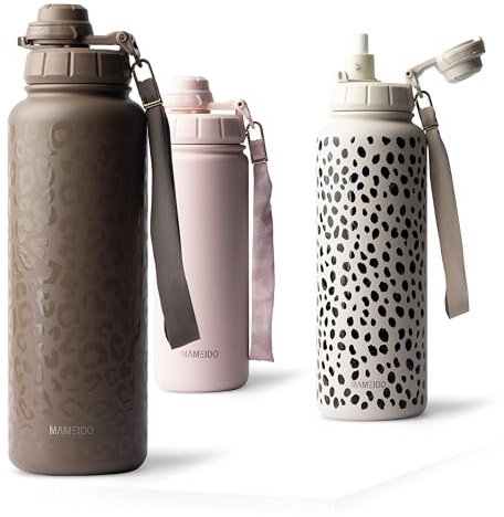 MAMEIDO termosflaska med sugrör 700 ml, läckagesäker dricksflaska i isolerat rostfritt stål, vattenflaska med bärrem, BPA-fri isoleringsflaska (Wild Allure)