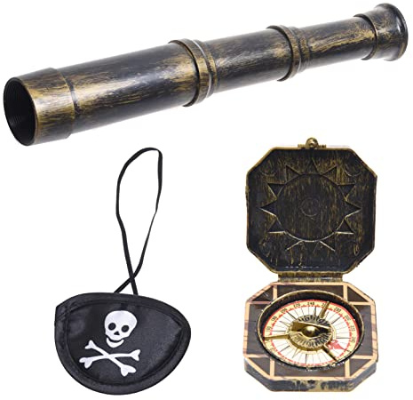 Cosplay Telescopio e Bussola di Scena con Benda sull'Occhio a Tema Pirata - Decorazione per Accessori per Feste Retrò Antico - Tesoro Vintage Cannocchiale Meridiana Nave Capitano