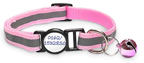 Girafus Katzenhalsband mit Sicherheitsverschluss Glöckchen Rosa | Reflektierend, mit 5 Stickern für Name & Telefonnummer – passend für Girafus Tracker – Sicherheitsverschluss öffnet bei Zug