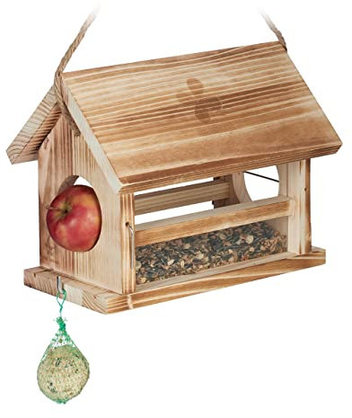 Relaxdays Vogelfutterhaus, geflammtes Design, FSC Zertifikat, HxBxT: 24x31x20 cm, wetterfeste Vogelfutterstation, Natur