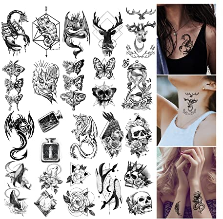 Leesgel Temporäre Tattoos für Erwachsene, 112 Blätter Fake Tattoos - Skelett Schlange Feder Blume Schmetterling Tattoos Aufkleber, Klebetattoos Erwachsene Tattoos zum Aufkleben Damen Frauen Männer