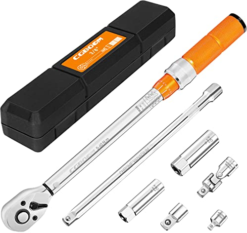 CGBOOM Drehmomentschlüssel 3/8, 5-60Nm Drehmomentschlüssel Auto Fahrrad & Motorrad Set, ±3% Fehlergenauigkeit mit 3/8 -1/2'' und 1/4 Adapter, Zündkerzenhülse, 250mm Verlängerung, Universalgelenk